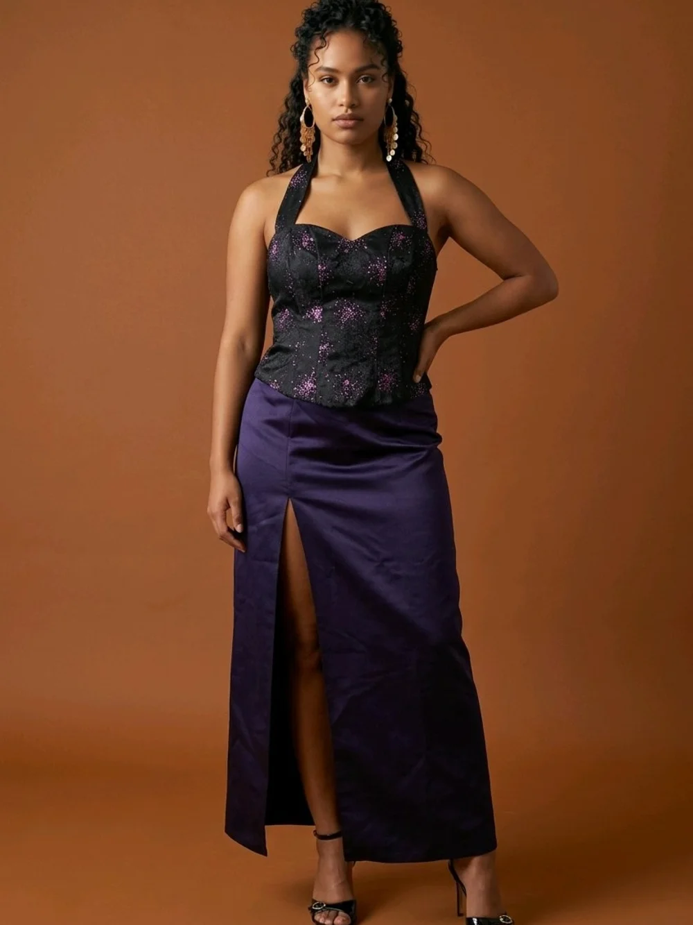 Custom Designed 2-Piece Purple Prom Dress Set | Corset Halter Top & Satin Maxi S